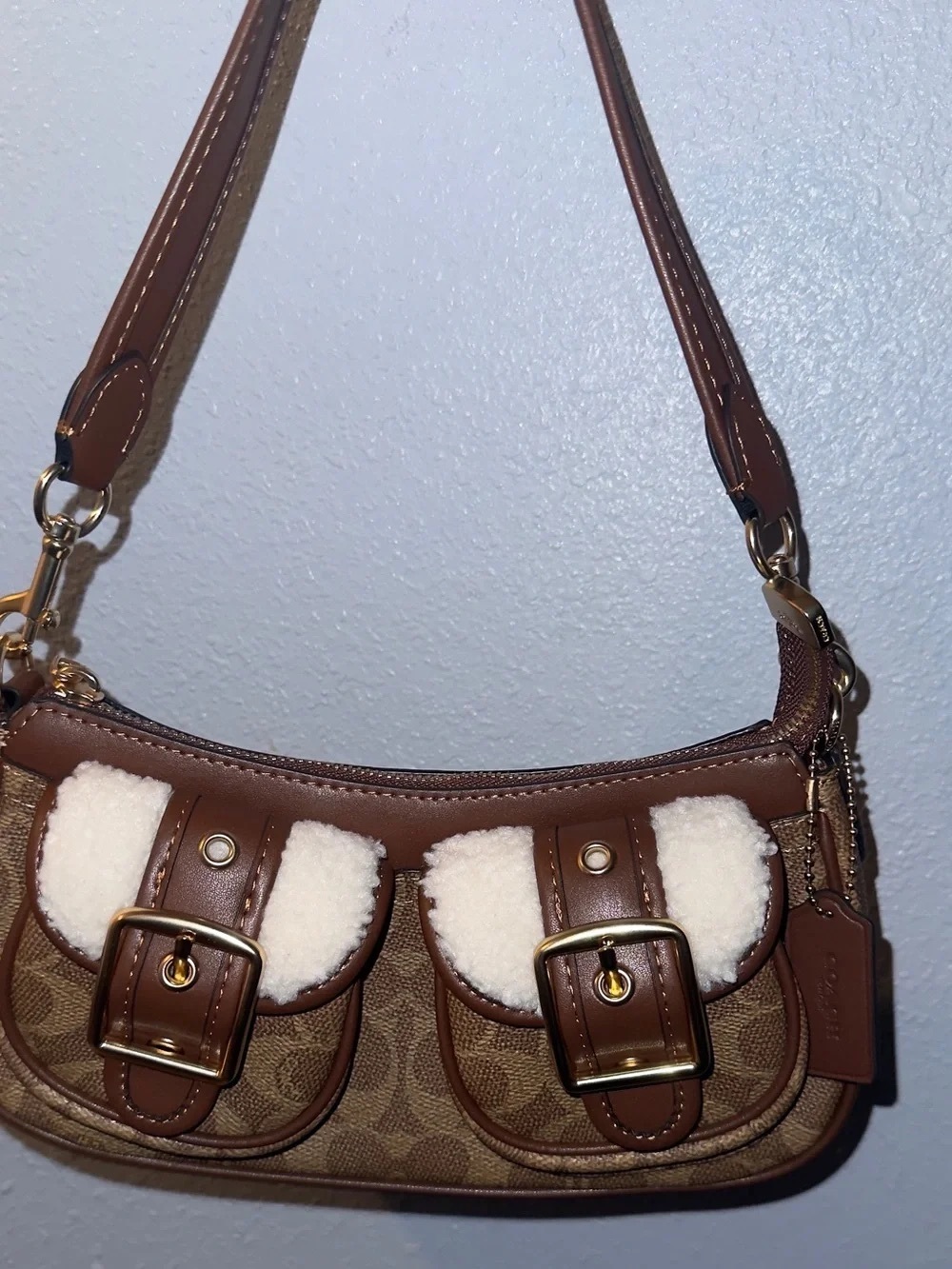 Coach Brown Signature Canvas Shoulder Bag with Shearling Accents